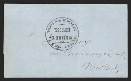 Munros Express, N.Y. and New Bedford, crisp company handstamp in four lines within a circle on Oct. 1855 blue folded letter to New York, datelined New Bedford, the contents being
a man ordering chandeliers for his 11+ foot ceilings, very fine t