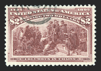 242, $2.00 Columbian, used, nicely centered within large margins, lovely rich color and a crisp impression, light target cancel, very fine 1991 PF certificate.