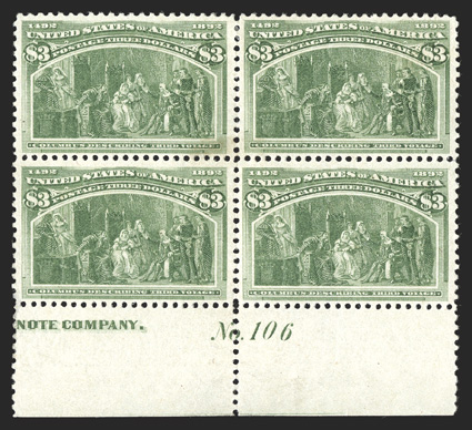 243, $3.00 Columbian, bottom margin partial imprint and plate No. 106 block of four, attractively centered, bright fresh color, o.g., relatively lightly hinged, very fine a
handsome and rare plate number block cataloged as just a normal bloc