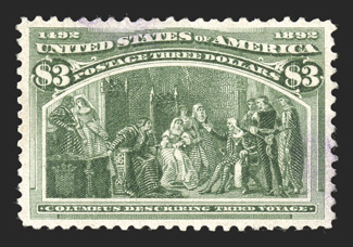 243a, $3.00 Columbian, the olive green shade, a highly select used example that is extraordinarily well centered amid large margins, deep luxuriant color and a crisp detailed
impression, cancelled by a light purple postmark, extremely fine