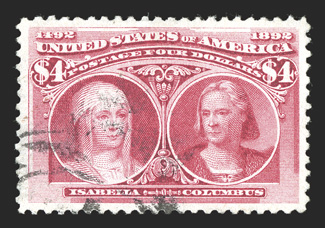 244, $4.00 Columbian, a phenomenal used example that is certainly among the finest centered and largest margined used Four Dollar Columbians we have ever offered, as this
remarkable stamp features enormously large and absolutely perfectly ba