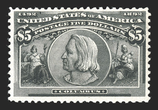 245, $5.00 Columbian, nicely centered and fresh, o.g., l.h., natural paper inclusion and light vertical crease, very fine appearance.