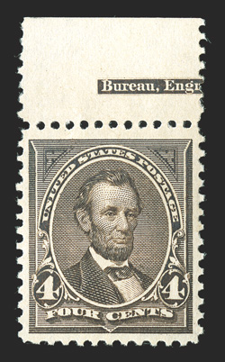254, 4c Dark brown, top margin partial imprint single, well centered within exceptionally large margins, deep color and impression, o.g., n.h., slightly short gumming at top,
extremely fine clear 2002 PF certificate and a 2009 PSE certificate.