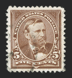 255, 5c Chocolate, beautifully centered within lavishly large margins, rich luxuriant color, unusually light cancel, extremely fine 2010 PSE certificate (XF-Superb 95 Jumbo SMQ
$250.00 for 95 and $1,250.00 for 98) only one stamp grades higher