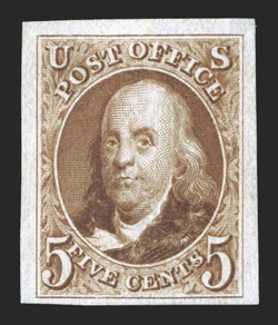3, 5c Red brown reproduction, without gum as issued, highly select copy, large to mostly extra-large margins all around, wonderfully bright color and a sharp impression,
extremely fine.
