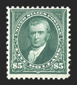 263, $5.00 Dark green, deeply rich color and a well incised impression, o.g., never hinged, certificate notes a small natural gum crease and a rather heavy natural gum wrinkle,
fine never hinged examples of this high value are rare 2009 PSE ce