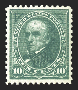 273, 10c Dark green, a highly select mint single, extraordinarily well centered within uncommonly large and beautifully balanced margins, vivid rich color and sharp impression
on fresh paper, o.g., l.h., extremely fine and choice.