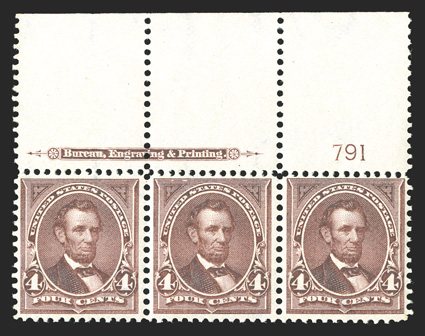 280, 4c Rose brown, full top sheet-margin imprint and plate no. 791 strip of three, gloriously rich color on fresh paper, crisp and intact, pristine o.g., n.h., fine-very
fine.