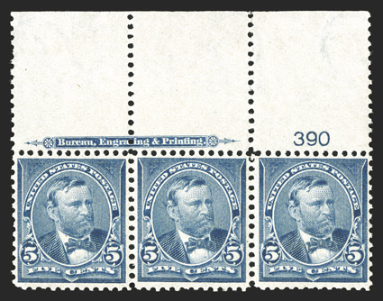 281, 5c Dark blue, full top sheet-margin imprint and plate no. 390 strip of three, well centered, bright and fresh, o.g., n.h., very fine.