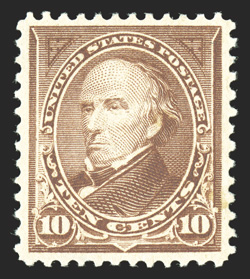 282C, 10c Brown, Ty. I, an impressively margined mint single, with uncharacteristically large and wonderfully well balanced margins all around, warm rich color and a crisp
impression, o.g., lightly hinged, extremely fine seldom encountered in t