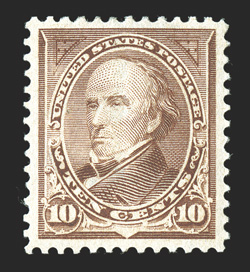 282C, 10c Brown, Ty. I, near perfect centering within lavishly large margins which are most uncharacteristic of this, bright and fresh, o.g., l.h., an extremely fine gem 2000
PF certificate.