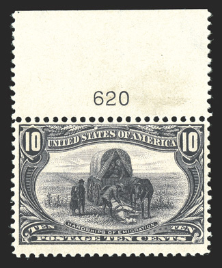 285-90, 1c-10c Trans-Mississippis, each a top margin plate number single, all but the 2c with uniformly large sheet selvage, strong bright colors, o.g., n.h. (2c with minor gum
skip), very fine and handsome lot 4c, 5c (F 70) and 8c (VF 80) acco
