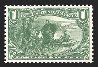 285, 1c Trans-Mississippi, a gem mint single that is exceptionally well centered within lavishly large margins, vivid bright color and fine impression, pristine o.g., n.h.,
extremely fine 1999 PF certificate for a vertical pair, this being the