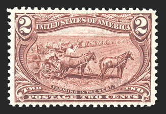 286, 2c Trans-Mississippi, precisely centered within uncommonly large margins, strong color on fresh white paper, unblemished o.g., n.h., extremely fine.