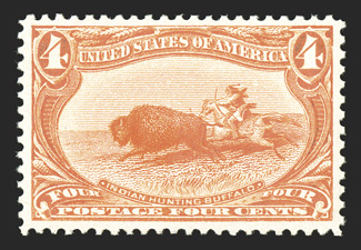 287, 4c Trans-Mississippi, a highly desirable mint example of this difficult value, being remarkably well centered amid larger margins than most, intense color and deeply
etched impression on bright paper, immaculate o.g., n.h., extremely fine