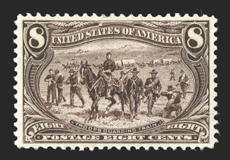 289, 8c Trans-Mississippi, incredibly well centered within lavishly large margins for this value, deep luxuriant color and strong impression, o.g., extremely fine seldom
encountered both this large and so well centered 1990 PF certificate as a