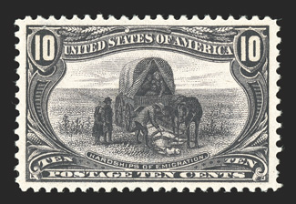 290, 10c Trans-Mississippi, a gorgeous mint example, extraordinarily well centered within lavish symmetrical margins, eye-catching prooflike color and impression on fresh
paper, o.g., faint trace of hinging, extremely fine and quite choice 1999