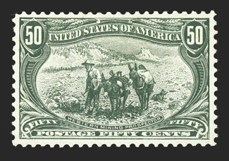 291, 50c Trans-Mississippi, uncommonly well centered and margined, deep sage green color and detailed impression, o.g., lightly hinged, extremely fine 1983 PF certificate
ex-Chappaqua.