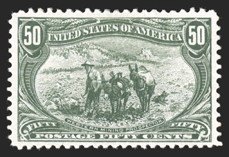 291, 50c Trans-Mississippi, well centered within large margins, strong rich color, o.g., lightly hinged, choice very fine 2008 PF certificate (VF-XF 85).