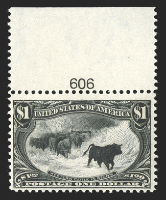 292, $1.00 Trans-Mississippi, top margin plate no. 606 single, strong color on fresh white paper, o.g., n.h., fine 1992 PF certificate.