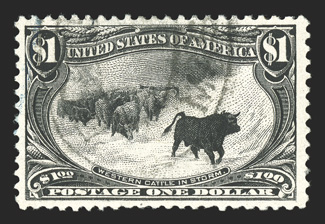 292, $1.00 Trans-Mississippi, used, choice margins and centering, light and unobtrusive double oval cancel, shallow thin spot, extremely fine appearance.