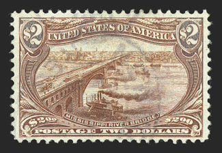 293, $2.00 Trans-Mississippi, an especially desirable used example, being exceptionally well centered within considerably larger margins than usually found on this difficult
high value, gorgeous color that is strikingly rich and intense, light