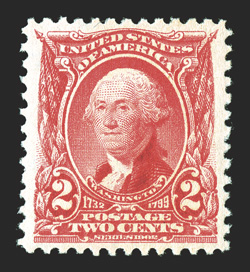 301, 2c Carmine, exceptionally large margins for this and near perfect centering, radiant rich color on fresh paper, o.g., n.h., extremely fine a little gem.