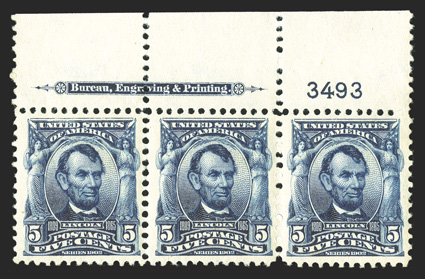 304, 5c Blue, top sheet-margin imprint and plate no. 3493 strip of three, striking intense color on fresh paper, o.g., n.h., center stamp with a fingerprint on gum, fine-very
fine.