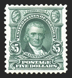 313, $5.00 Dark green, uncommonly well centered amid large margins, rich color and a well incised impression, o.g., extremely fine and choice 2008 PSE certificate (VF-XF 85 OGh
SMQ $2,300.00).