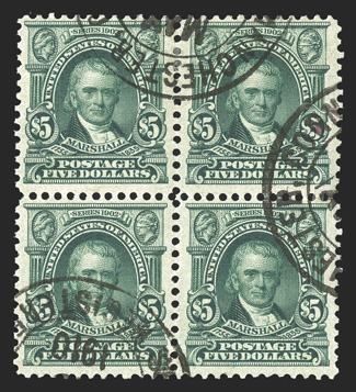 313, $5.00 Dark green, an incredibly rare and handsome sound used block of four, being in a quality with which few of the others can compare, deep luxuriant color on uncommonly
fresh white paper, remarkably well centered, strong and intact perfo