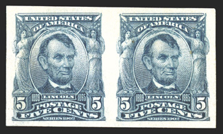 315, 5c Blue imperforate, horizontal pair with large margins all around, bright fresh color, o.g., n.h., extremely fine 2004 PSE certificate.