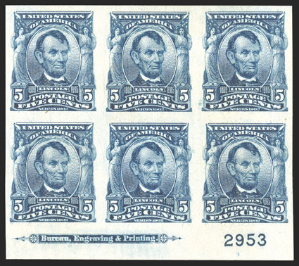 315, 5c Blue imperforate, bottom margin imprint and plate no. 2953 block of six, large even margins around, rich luxuriant color, o.g., top middle stamp l.h., other five stamps
n.h., a very fine example of this scarce plate block 2005 PSE certi