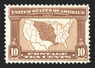323-27, 1c-10c Louisiana Purchase cplt., handsome mint set, each selected for its superior margins and centering, o.g., 1c-3c n.h. and 5c and 10c l.h., very fine-extremely fine
5c with 1985 PF certificate.