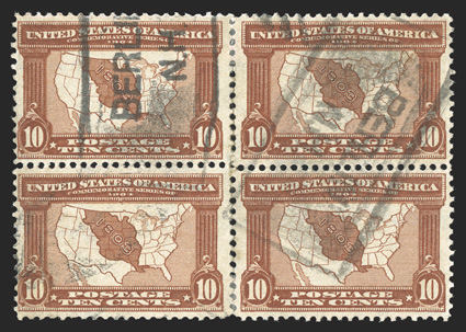 323-27, 1c-10c Louisiana Purchase cplt., used blocks of four, nicely centered, lightly cancelled, 5c with magenta postmark, one 3c with small crease and the 10c re-joined
vertically, otherwise a fine-very fine set.