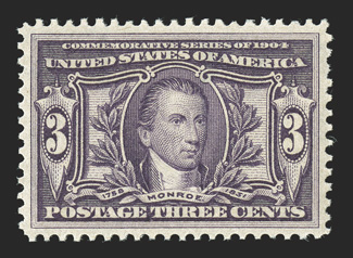 325, 3c Louisiana Purchase, select quality mint single, extraordinarily well centered, bright fresh color, pristine o.g., n.h., extremely fine 2009 PSE certificate (XF-Superb
95 SMQ $1,250.00).