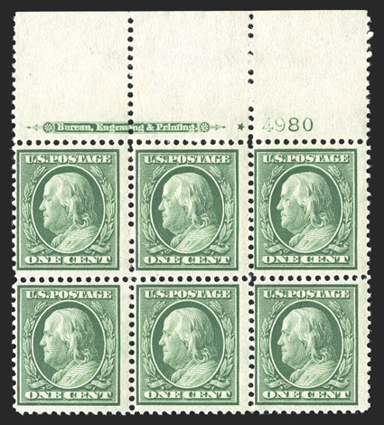 331, 1c Green, full top margin imprint, small solid star and plate no. 4980 block of six, post office fresh, crisp and intact, o.g., n.h., fine and rare the small solid star
plate blocks come only from plate 4980.