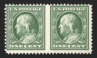 331 Footnote, 1c Green, imperforate between, an exceedingly rare mint horizontal pair, deep rich color, o.g., fine a very unusual variety resulting from booklet pane
experiments, with this being the only example we have ever seen illustrat