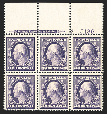333, 3c Deep violet, attractive full top margin imprint, star and plate no. 5136 block of six, well centered for this difficult plate block, rich color and sharp impression on
fresh white paper, strong and intact perforations all around, o.g., r