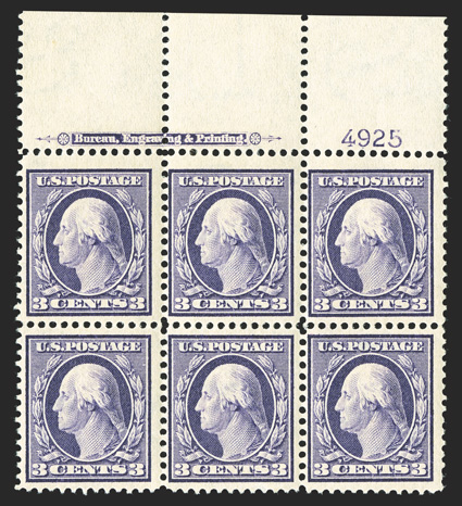 333, 3c Deep violet, full top margin imprint and plate no. 4925 block of six, fresh and intact, o.g., two stamps very lightly hinged and the others n.h., fine-very
fine.