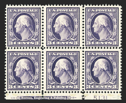 333, 3c Deep violet, post office fresh bottom margin imprint, star and plate no. 5131 block of six, nicely centered, luxuriant deep color, strong and intact, pristine o.g.,
n.h., very fine.