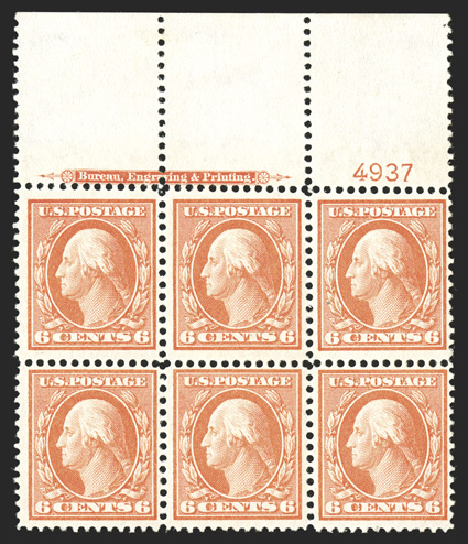 336, 6c Red orange, a lovely full top margin imprint and plate no. 4937 block of six, well centered for this difficult plate block, vivid rich color, post office fresh and
intact, o.g., n.h., very fine seldom found in this select quality.