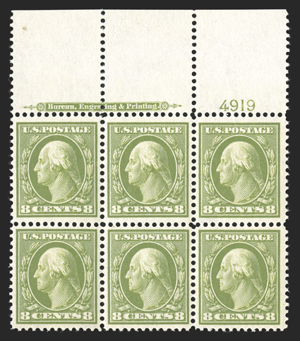 337, 8c Olive green, a stunning full top margin imprint and plate no. 4919 block of six, extraordinarily well centered throughout, with each stamp being wonderfully well
centered and margined, exceptionally fresh, with strong and intact perforat