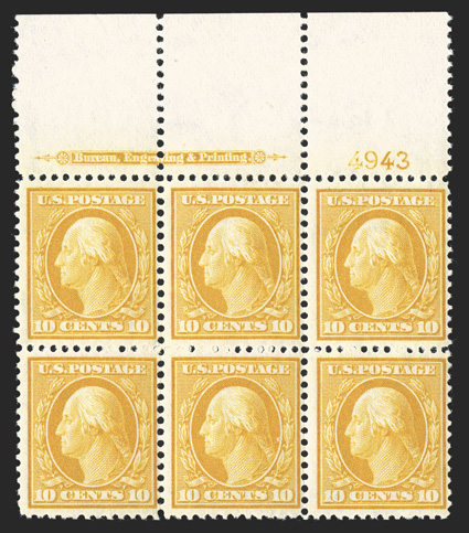 338, 10c Yellow, scarce full top margin imprint and plate no. 4943 block of six, radiant rich color on bright white paper, crisp and intact, o.g., top center stamp l.h., the
others n.h., fine and attractive.