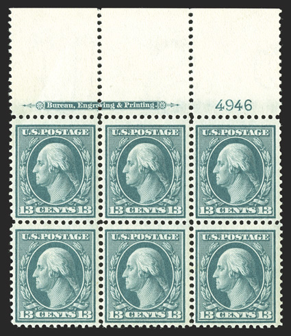 339, 13c Blue green, handsome full top margin imprint and plate no. 4946 block of six, well centered for this perennially difficult plate block, post office fresh and intact,
luxuriant color, immaculate o.g., n.h., very fine 2005 PSE certificat