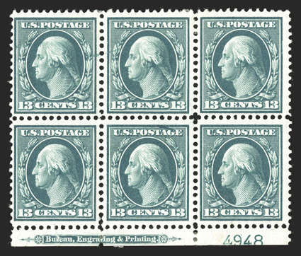 339 var., 13c Blue green, line through TAG of POSTAGE, bottom margin imprint and plate no. 4948 block of six, the bottom center stamp the variety, nicely centered, o.g., h.r.s,
some reinforced perfs. in the selvage and tear in the bottom le