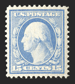 340, 15c Pale ultramarine, exceptionally well centered within uncharacteristically large margins, bright fresh color, pristine o.g., n.h., extremely fine 2010 PSE certificate
(XF 90 SMQ $360.00).