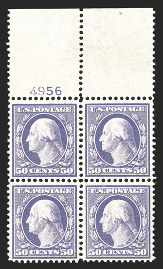 341, 50c Violet, fresh top margin block of four with plate no. 4956, vivid rich color, nicely centered, o.g., l.h. in the selvage only, the stamps all n.h., very
fine.