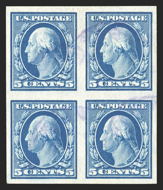 343-47, 1c-5c Imperforates cplt., used blocks of four, all with large even margins, rich colors on fresh paper, 5c with magenta postmark, others with Saginaw, Michigan cancels,
very fine set.