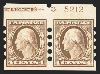 346, 4c Orange brown imperforate, Mail-o-meter Ty. IV perforations, top sheet-margin part imprint, star and plate no. 5212 pair with 3mm spacing, o.g., extremely fine 2010 PF
certificate.