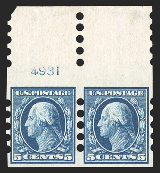 347, 5c Blue imperforate, Mail-o-meter Ty. IV perforations, top sheet-margin plate no. 4931 pair, o.g., l.h., very fine 2010 PF certificate.